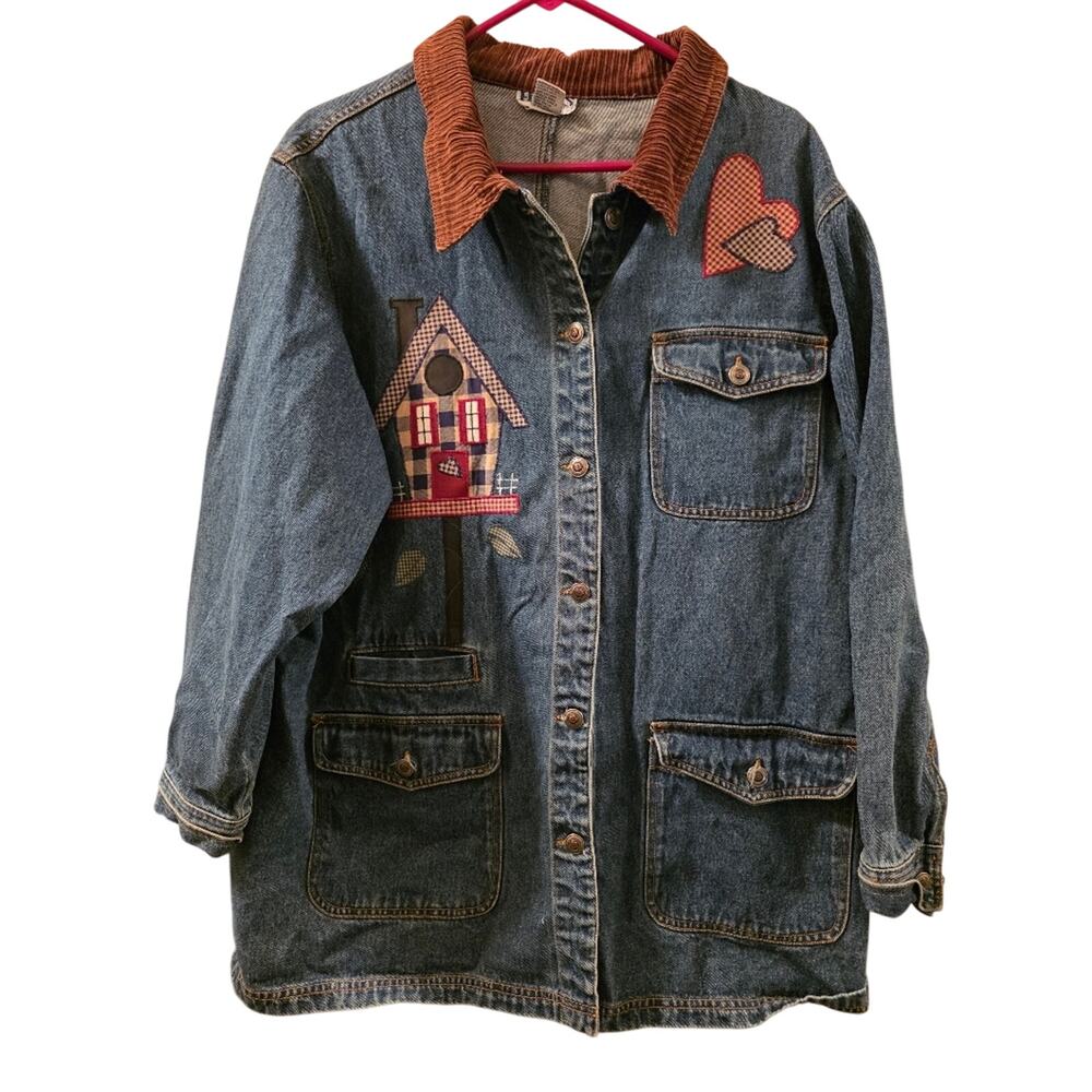 Vtg 90s Corduroy Denim Bird House Heart Embroidered Shacket Chore Coat L